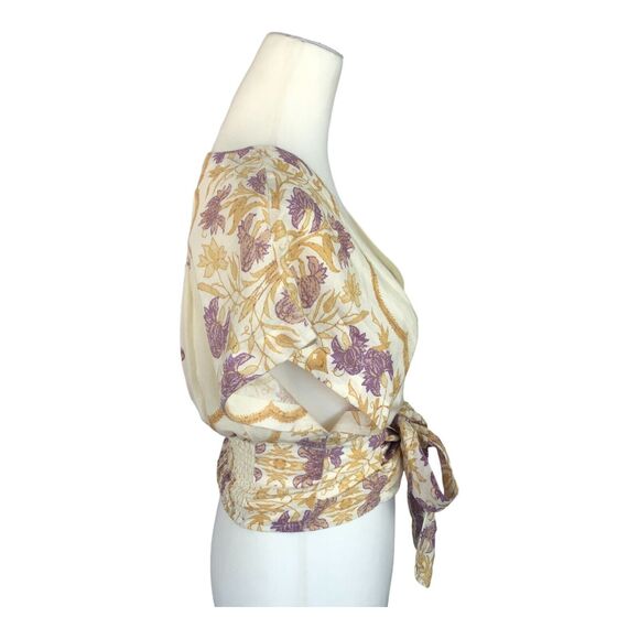 Free People Arielle Linen Blend Short Sleeve Ivory Purple Crop Top Bow Tie XS - Picture 9 of 16